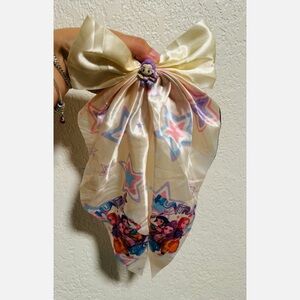 KPop Shiny Cream Star Print Hair Bow with Character Charm